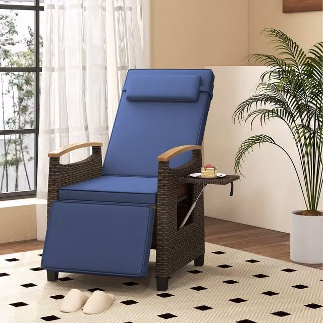 COSTWAY Blue Polyrattan Lounge Chair with Acacia Wood Frame and Adjustable Headrest