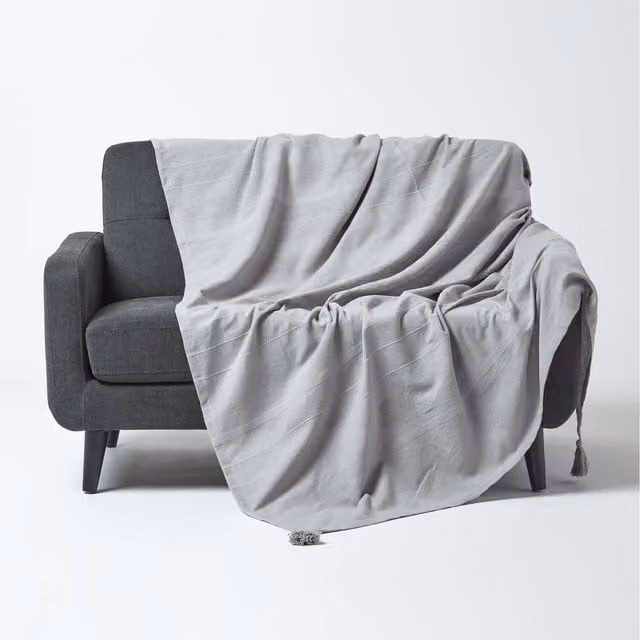 Homescapes Cotton Rajput Ribbed Throw in Silver Grey, W: 360 cm, D: 255 cm