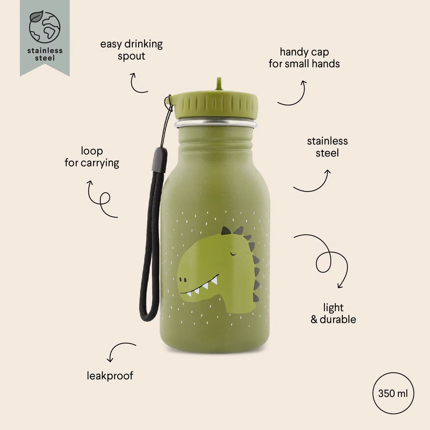 Trixie Mr. Dino Stainless Steel Leakproof Water Bottle with Carry Handle, Green, 350ml – 2
