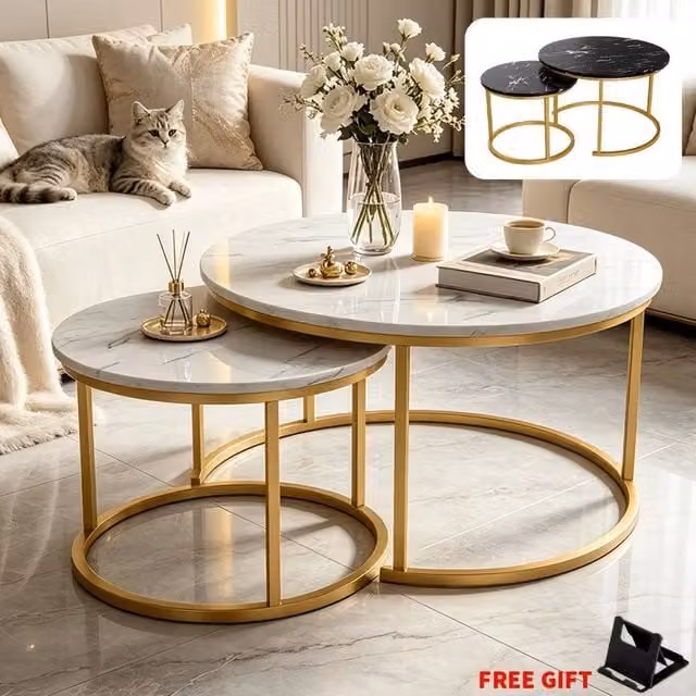 EONLION Set of 2 Round White and Gold Nesting Coffee Tables with Marble Tops