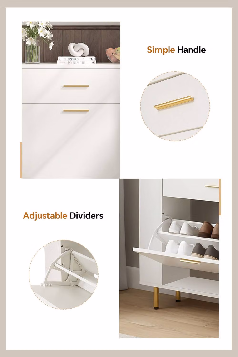 Living and Home Modern Multifunctional White and Gold Storage Shoe Cabinet with Tilting Compartments – 2