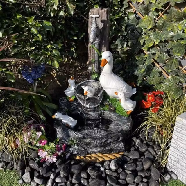 Tranquility Duck Family Solar Water Feature Fountain in Grey and White