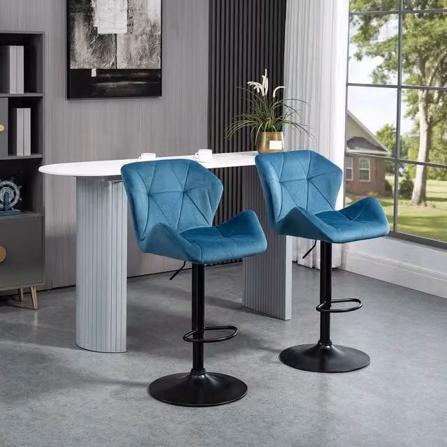 HOMCOM Set of 2 Blue Velvet-Touch Bar Stools with Metal Frame – 1