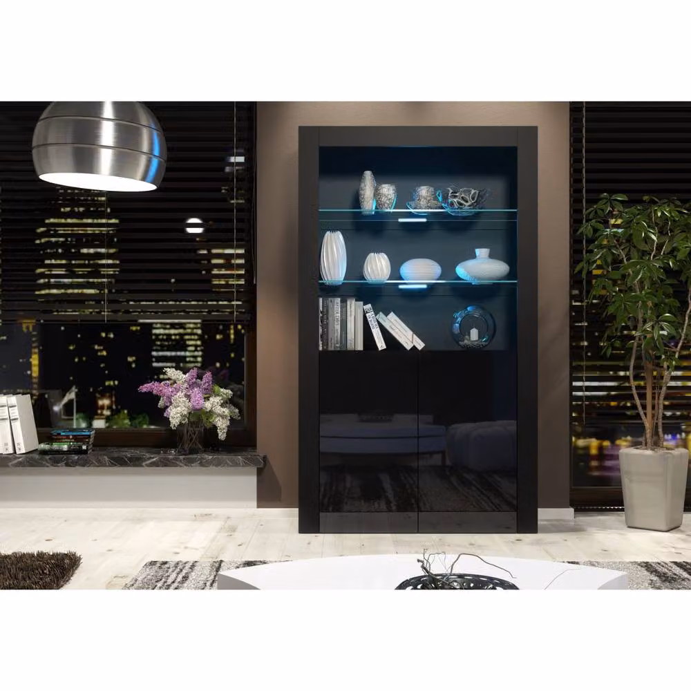 Creative Furniture Spectrum Modern Black Glossy Display Cabinet with LED Lighting and Glass Doors, Height: 170 cm – 2