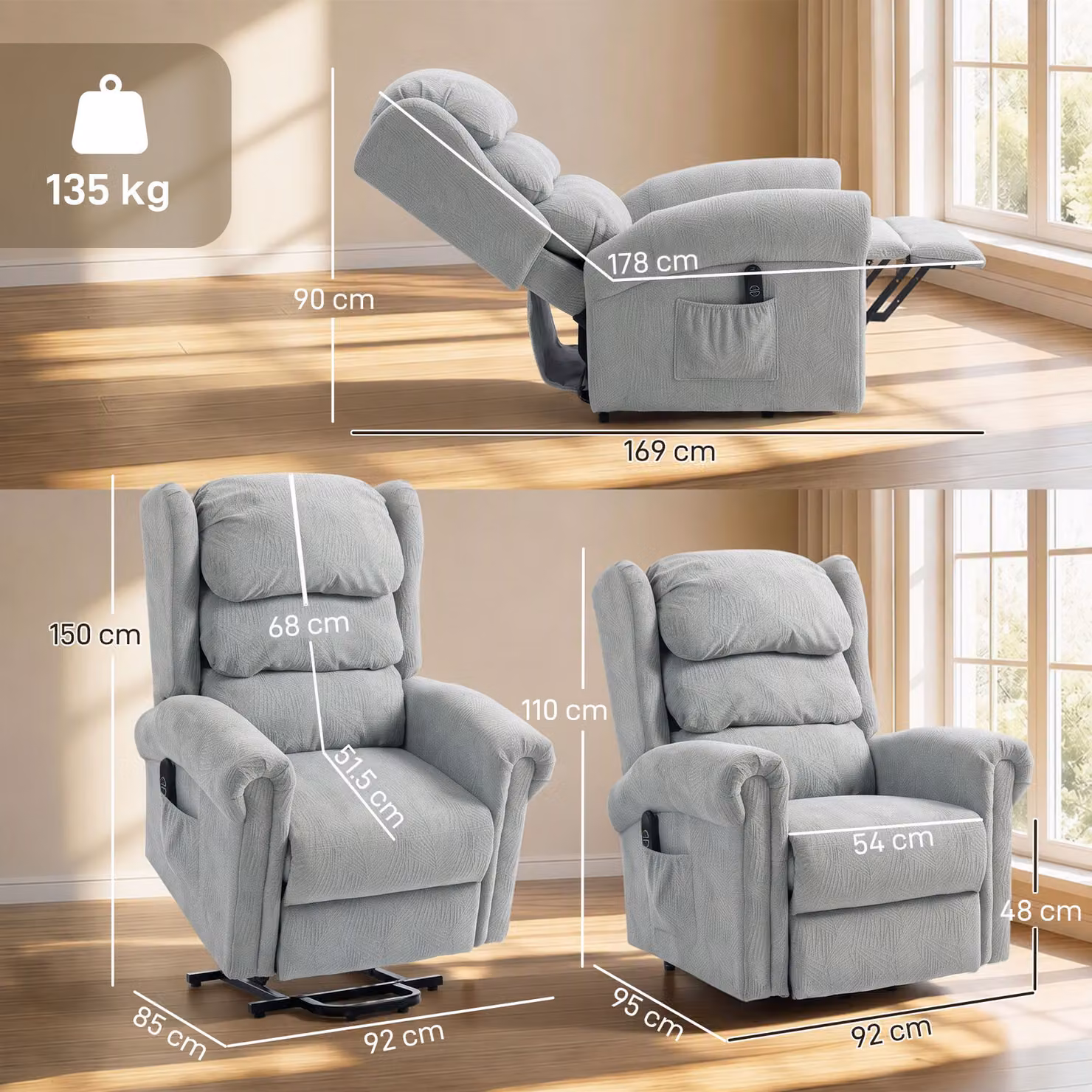 HOMCOM Grey Velvet Electric Riser Recliner Chair with Powered Lift Assist – 3