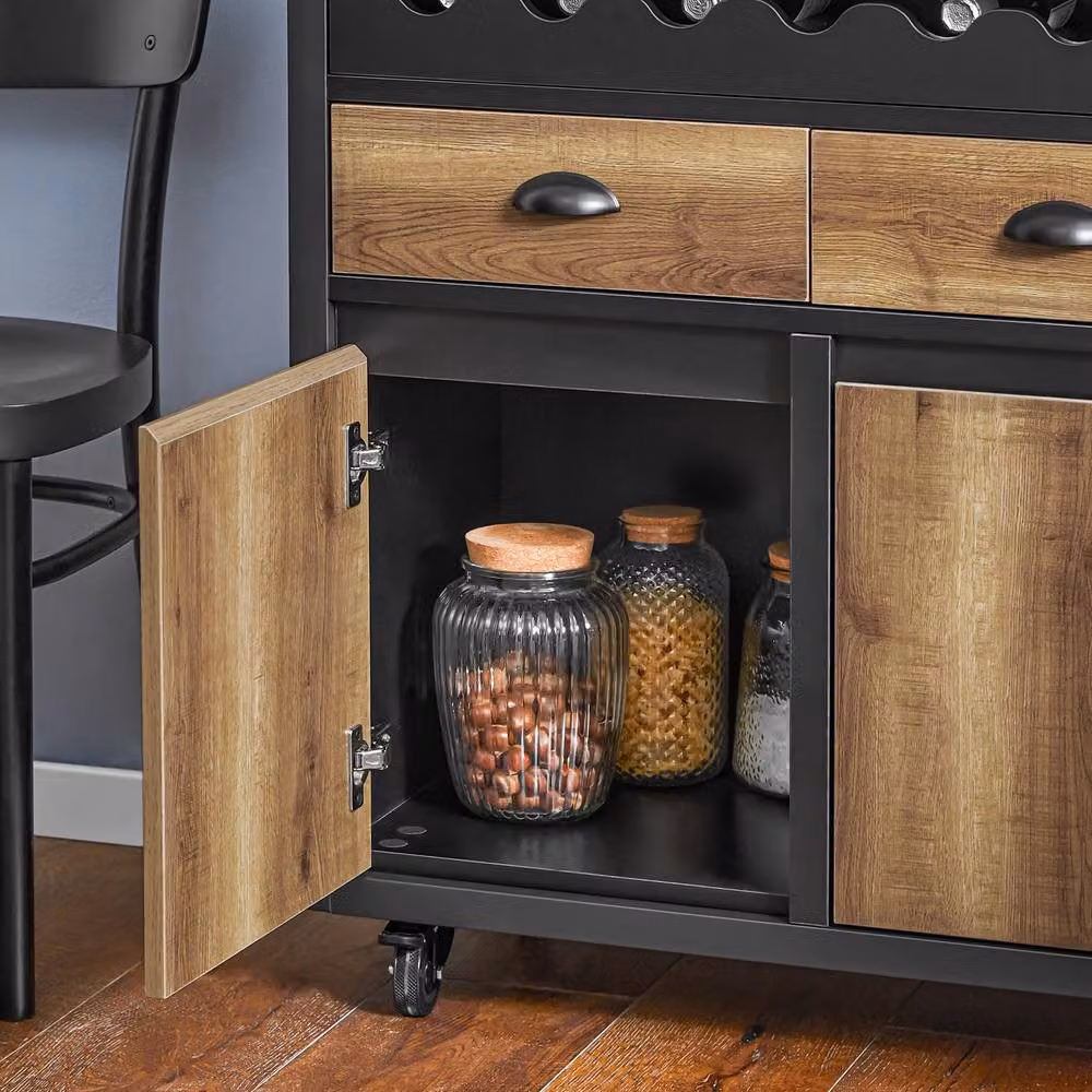 SoBuy Industrial Kitchen Trolley with Wine Rack and Storage in Brown and Black – 5