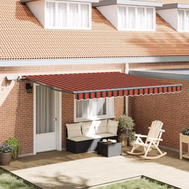 Berkfield Home Manual Retractable Wall-Mounted Awning with LED, Orange and Brown Striped Polyester, W: 400 cm, D: 350 cm