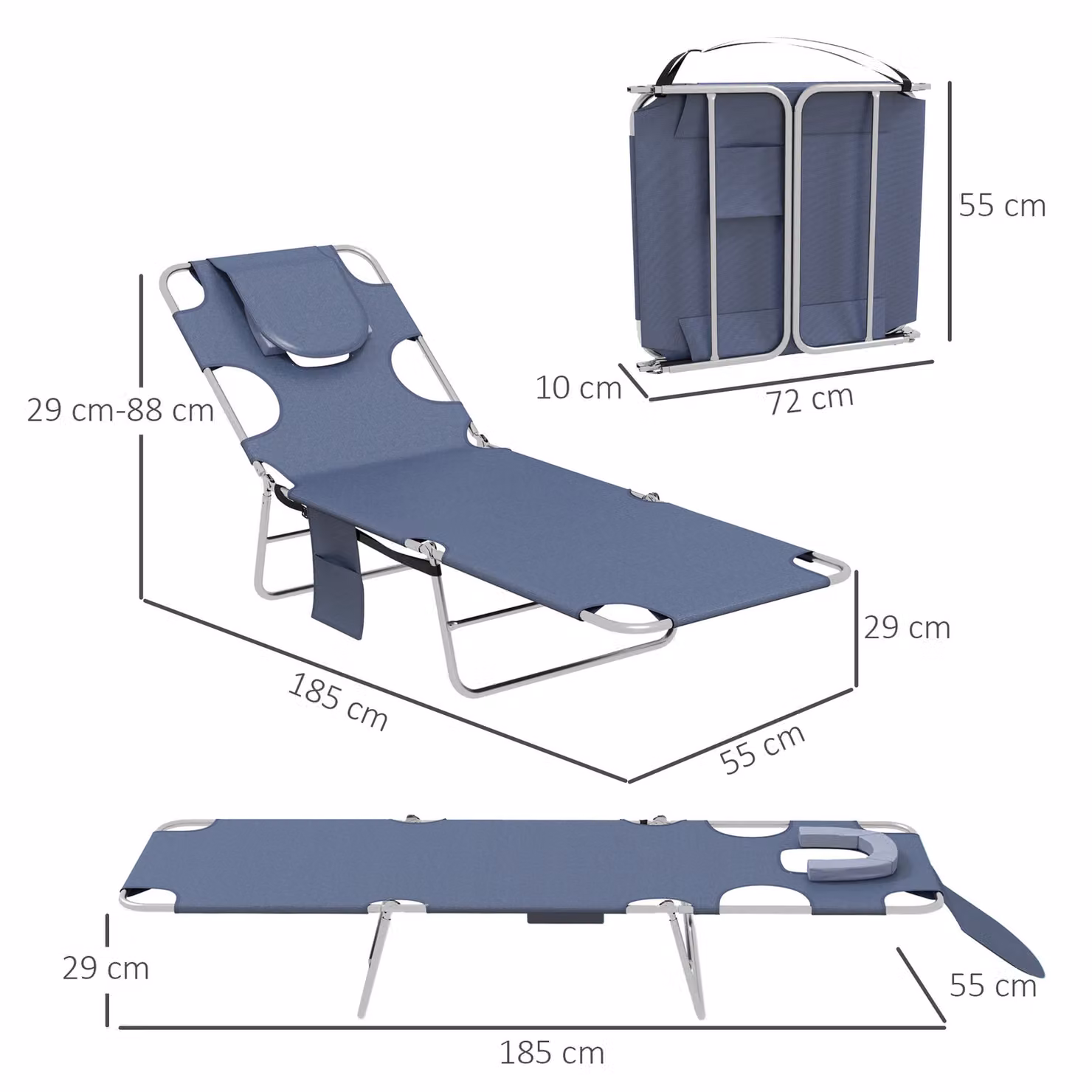 Outsunny Set of 2 Blue Foldable Sun Loungers with 5-Level Adjustable Backrest and Reading Hole – 3