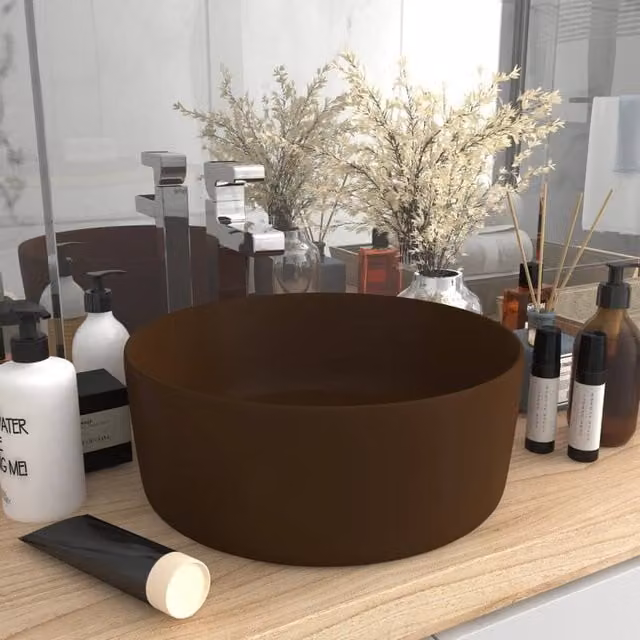Berkfield Home Luxury Round Ceramic Wash Basin in Matt Dark Brown, W: 40 cm, H: 15 cm, D: 15 cm