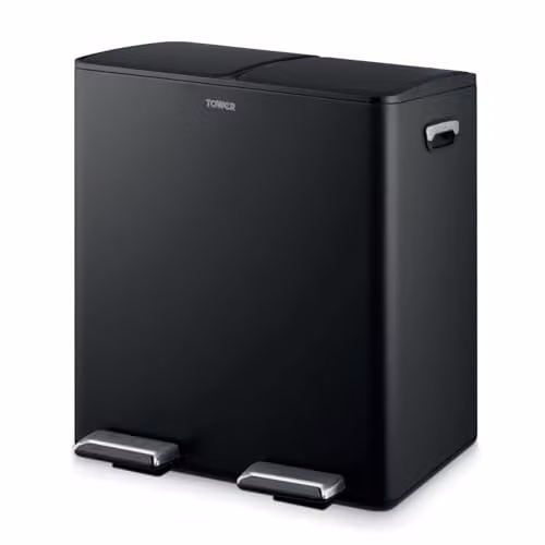 Tower T838022BLK 40L Recycling Pedal Bin with Two 20L Compartments and Removable Inner Buckets, Black Coated Steel – 1