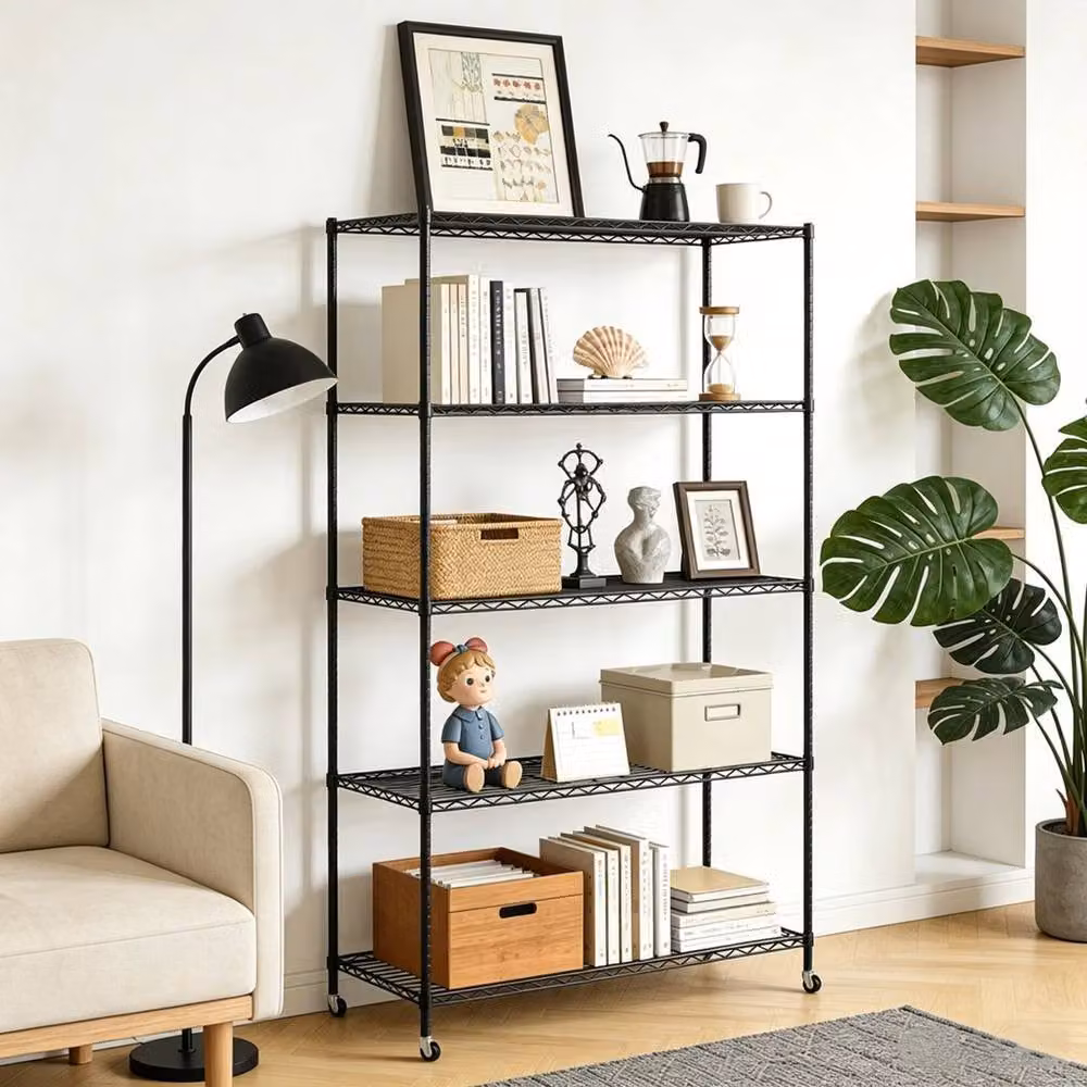 EONLION 5 Tier Metal Wire Storage Shelf Unit in Black with Adjustable Shelves – 4