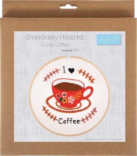 Trimits I Love Coffee Embroidery Hoop Kit in Natural with Multicolour Cotton Thread