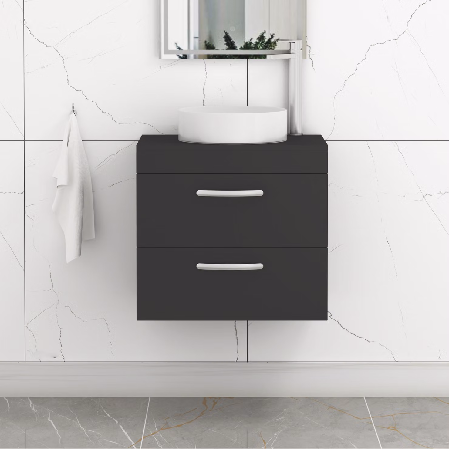 Royal Bathrooms Turin Wall Hung 2 Drawer Vanity Unit with Countertop Basin in Matt Black and Brushed Brass Handle, Width: 50 cm