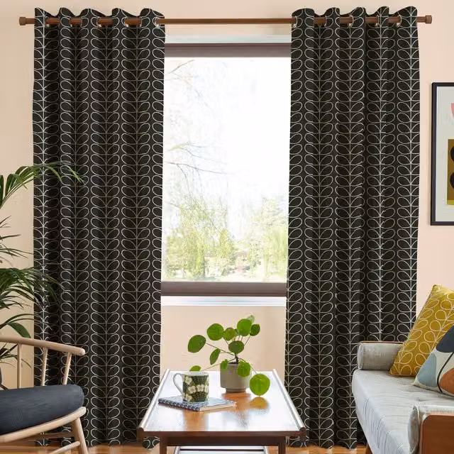 Orla Kiely Linear Stem Made to Measure Blackout Eyelet Curtain Panel in Black Cotton