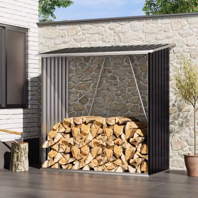 Breeins Modern Steel Outdoor Log Storage Shed in Anthracite, W/D/H: 163 x 83 x 154 cm