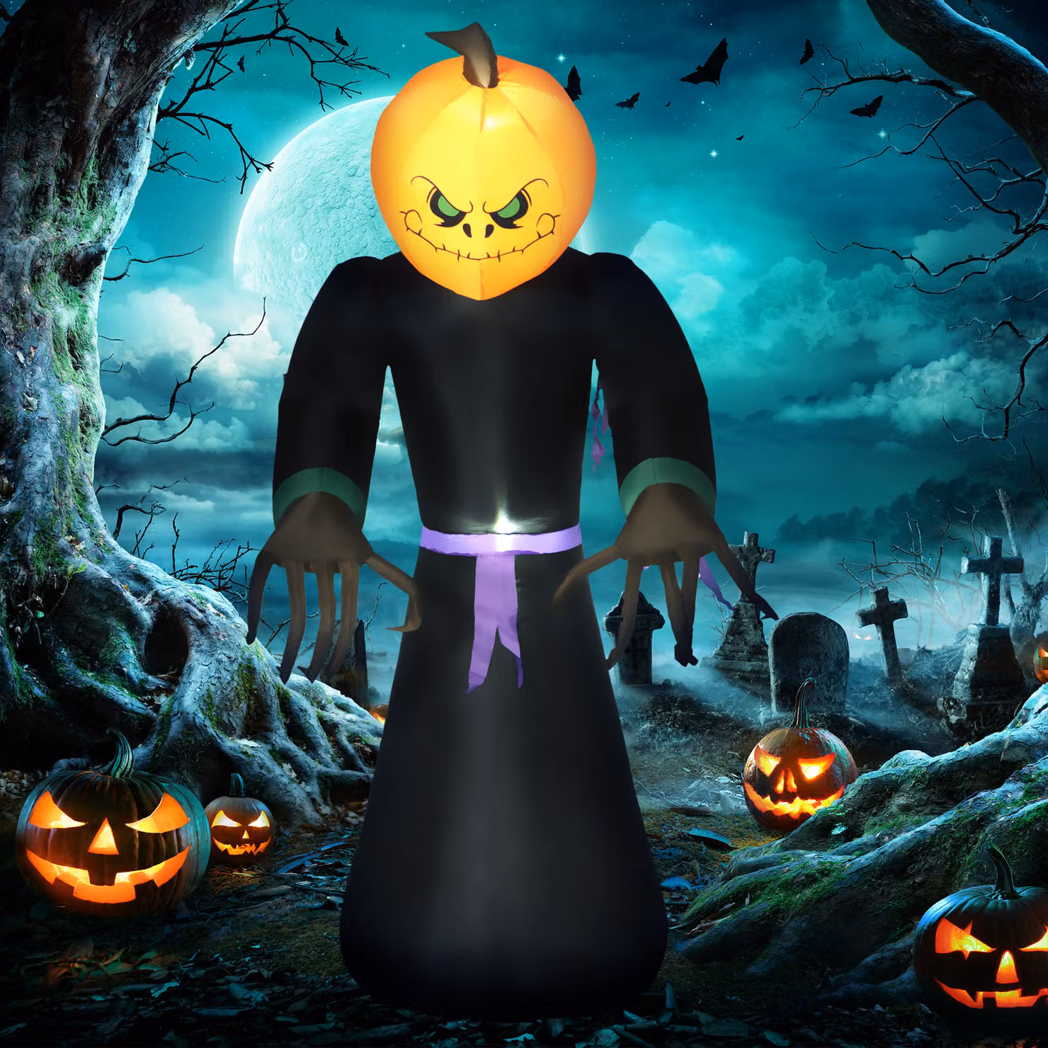 HOMCOM Inflatable Pumpkin Man Halloween Yard Decoration with LED Lights, Orange and Multicolour, Height: 210 cm – 2
