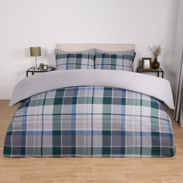 OHS Reversible Checked Fleece Duvet Cover Set, Grey, 180 x 200 cm