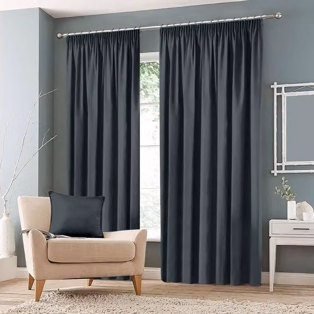 Roseley Grey Plain Blackout Pencil Pleat Fabric Curtains