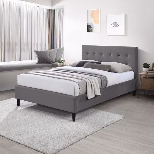 FurnitureboxUK Lotus Velvet Chesterfield Bed Frame in Grey, W/D/H: 140 x 200 cm