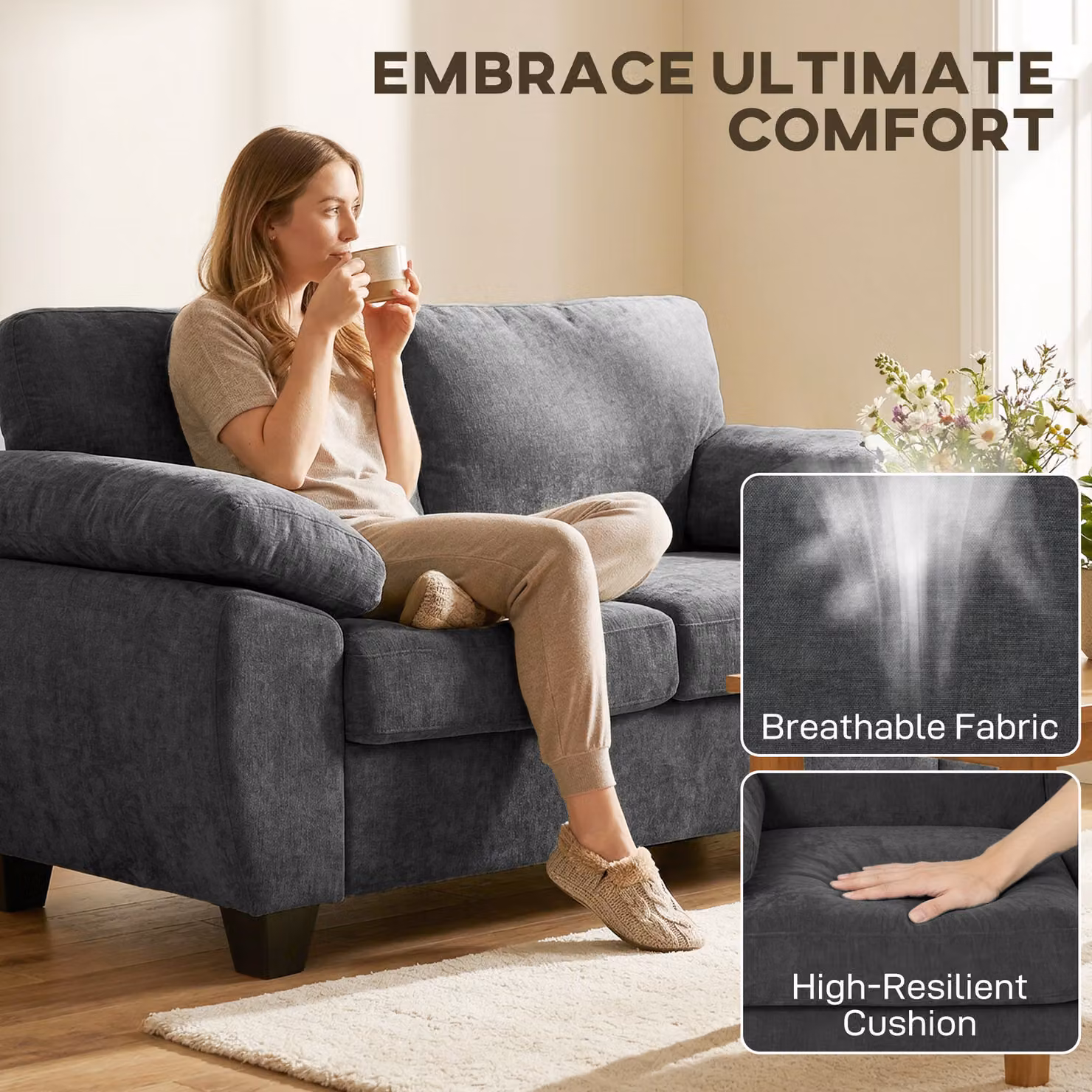 HOMCOM 2 Seater Chenille Loveseat Sofa, Dark Grey, Width: 156 cm – 4