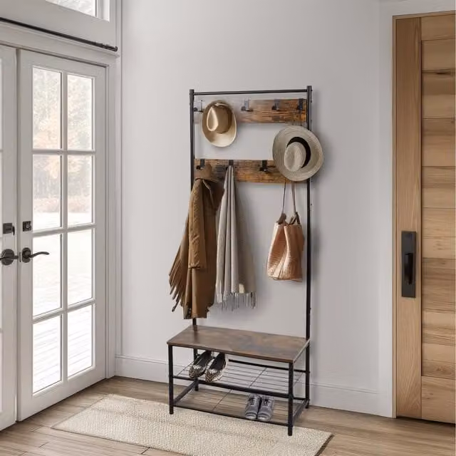 House of Home Hall Tree with Shoe Storage Bench and 9 Hooks in Rustic Brown Wood