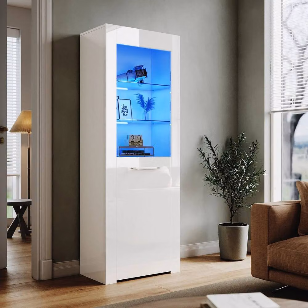 FORGEVIO Modern High Gloss White Display Cabinet with Glass Doors and Integrated Lighting, H 165 x W 35 x D 35 cm – 4