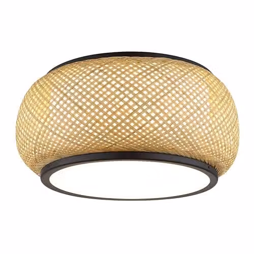 Globo Lighting Bambora Cylindrical LED Ceiling Light in Black and Natural Bamboo with White Fabric, Diameter: 38 cm, Height: 19.2 cm