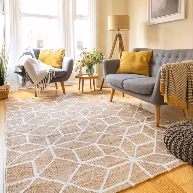 The Rug House Geometric Woven Jute Area Rug in Beige and Brown, W: 280 cm, D: 190 cm