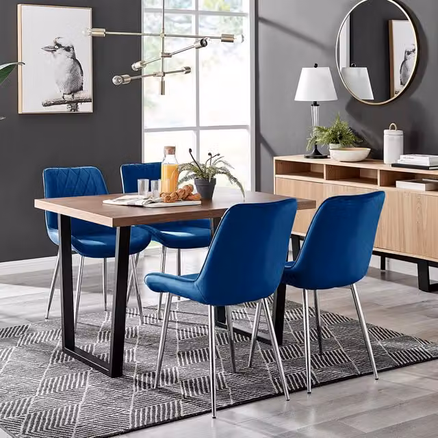 FurnitureboxUK Kylo Brown Wood Effect Dining Table and 4 Pesaro Navy Blue Chairs with Silver Legs