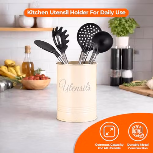 Innoteck Metal Utensil Holder and Cutlery Organiser in Cream, W/D/H: 13.5 x 17.4 x 13.5 cm – 3
