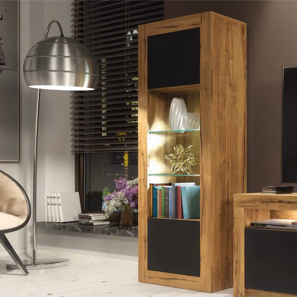 Mex Furniture LTD Modern Display Cabinet with Integrated LED Lighting and Matte Doors in Brown, H 170 x W 63 x D 35 cm – 4