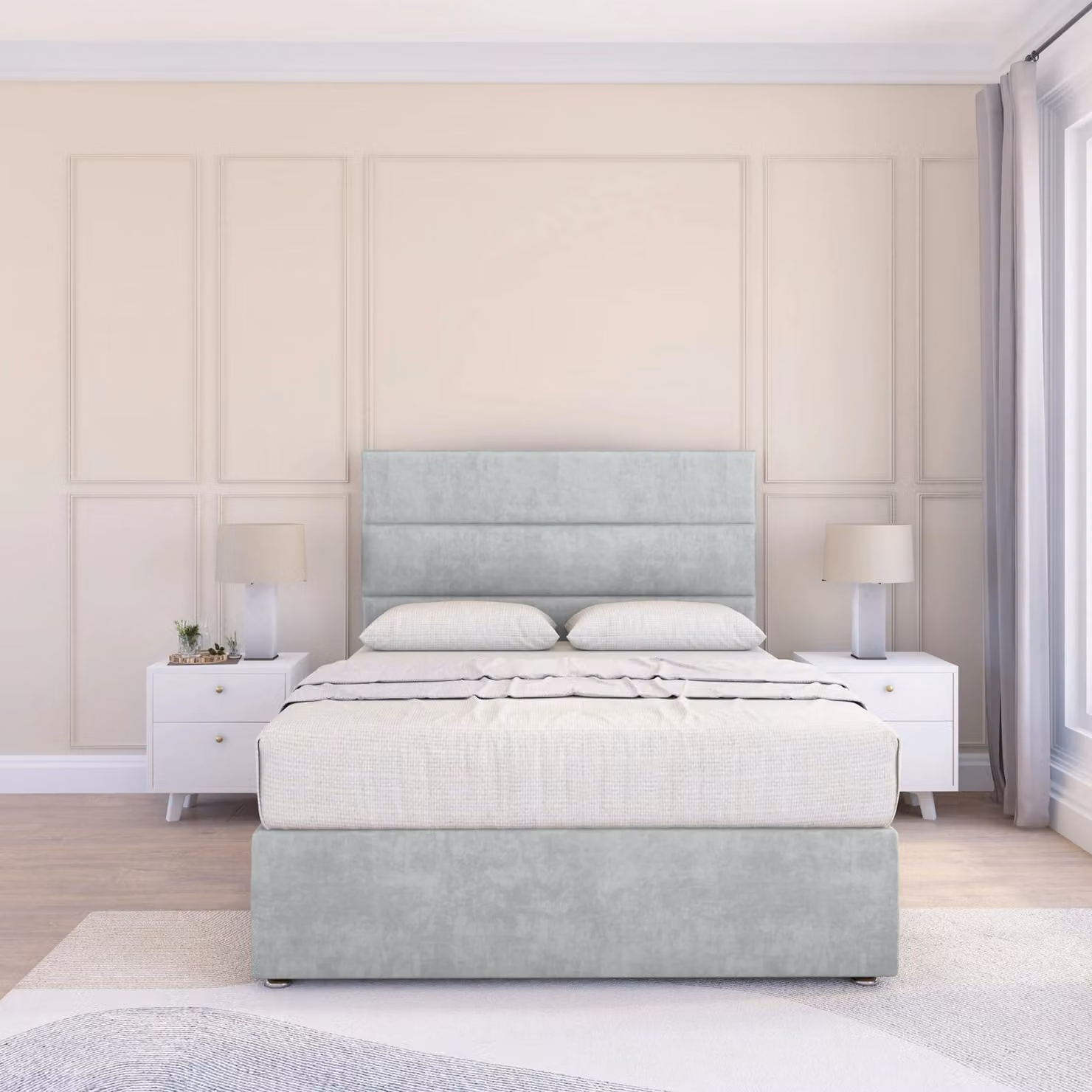 Sloomy California Small Single Divan Bed Base with Chesterfield Upholstered Velvet Headboard and Footboard in Silver