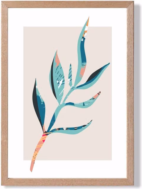 ARTZE Papyrus Leaf Blue and Pink Boho Botanical Framed Print with Oak Frame