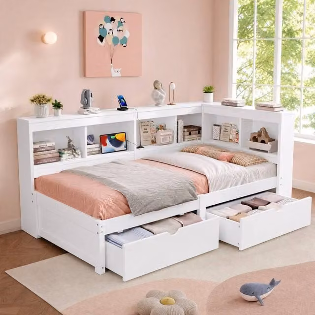 STILVORA Modern White Single Bed Frame with Drawers, USB Charging Port and Bedside Shelf, W/D/H: 90 x 190 cm – 1