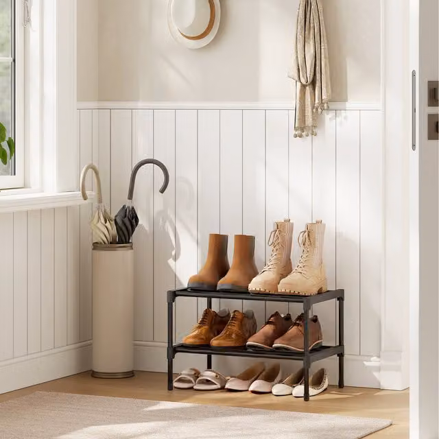SONGMICS 2-Tier Slim Metal Shoe Rack Organiser, Black