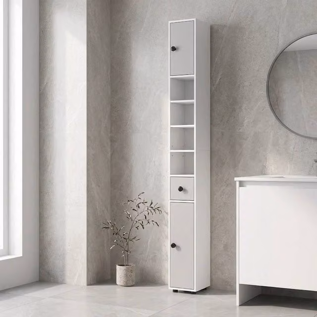 STILVORA Slim Grey Bathroom Cabinet with LED Lighting, Internal Drawers and Shelves