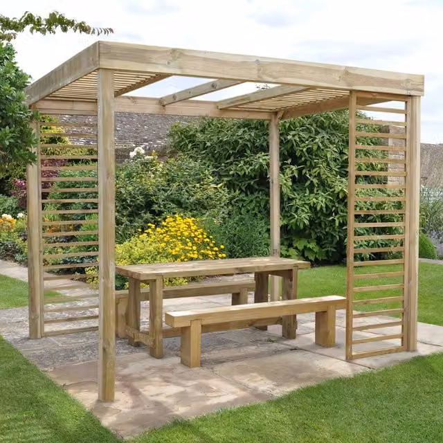 Forest Rustic Wood Dining Pergola with Panels in Brown