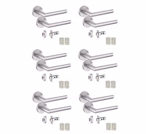 Golden Grace Mitred Door Handles with Latch and Hinges in Satin Nickel, 6 Pairs