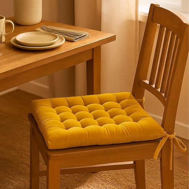 Homescapes Quilted Velvet Chair Pad, Yellow, W/D/H: 40 x 40 x 5 cm