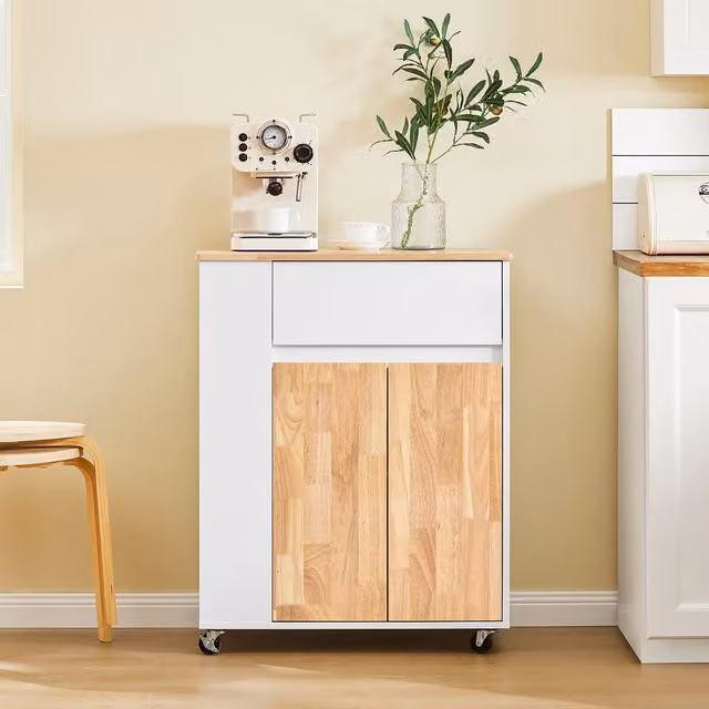 SoBuy Scandinavian Rolling Kitchen Storage Island with Rubberwood Worktop, White, W: 69.85 cm, D: 40.0 cm, H: 90.0 cm