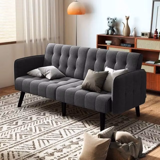 KORVIXA Grey Convertible Futon Sofa Bed with Adjustable Headrests and Solid Wood Frame, 164 cm – 1