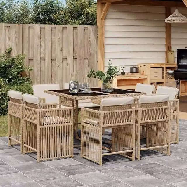 Berkfield Home 9 Piece Poly Rattan Garden Dining Set with Beige Cushions and Glass Tabletop