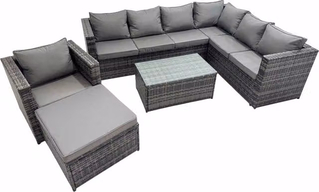 Fimous Patio L-Shaped 8-Seater Rattan Sofa Set in Dark Grey with Coffee Table and Ottoman