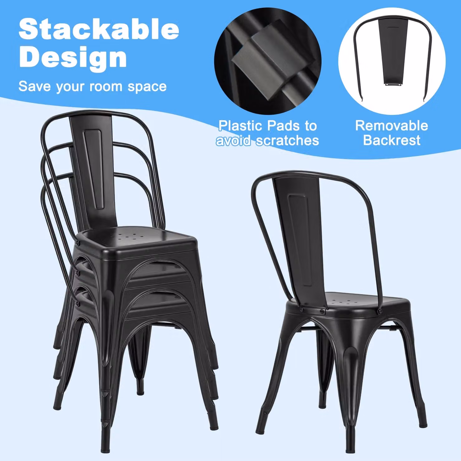 Costway Set of 4 Stackable Industrial Metal Dining Chairs and Bar Stools with Removable Backrests in Black – 5