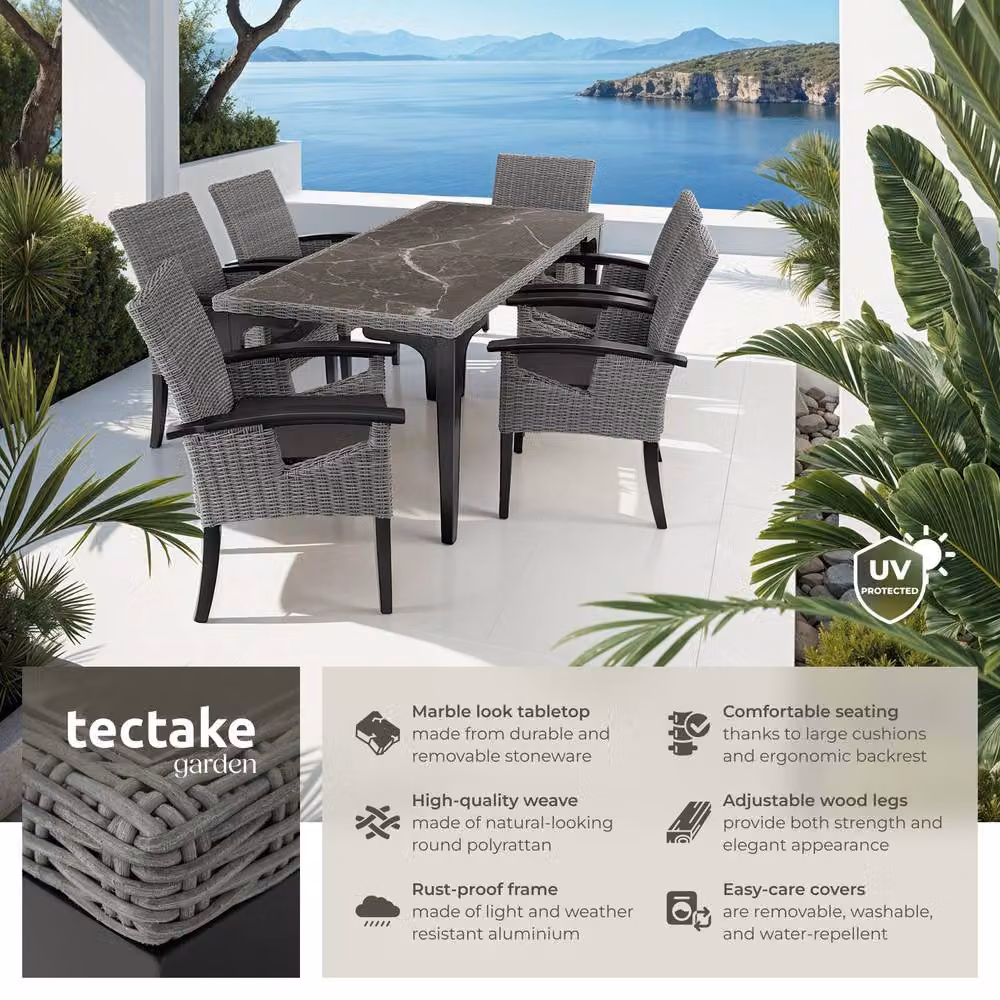 tectake Foggia Garden Dining Set with 6 Rosarno Rattan Chairs in Grey for 6 People – 2