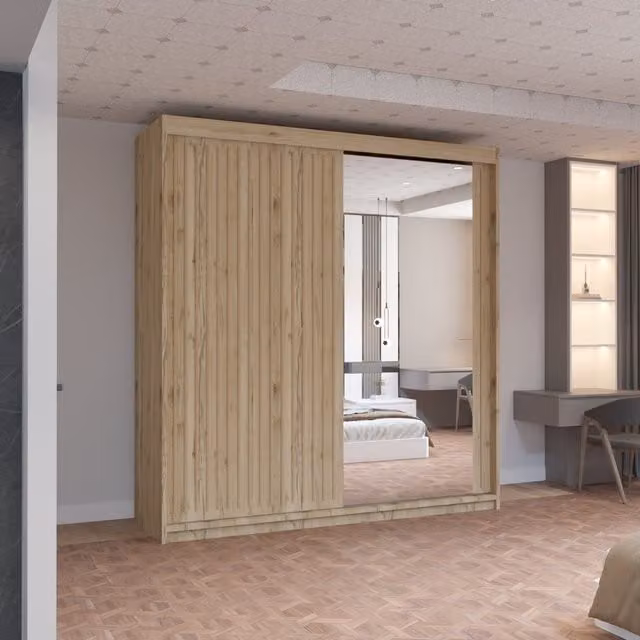 MN Furniture Reno 2 Sliding Door Wardrobe with Mirror and LED Light in Black and Light Oak, W/D/H: 203 x 62 x 217 cm