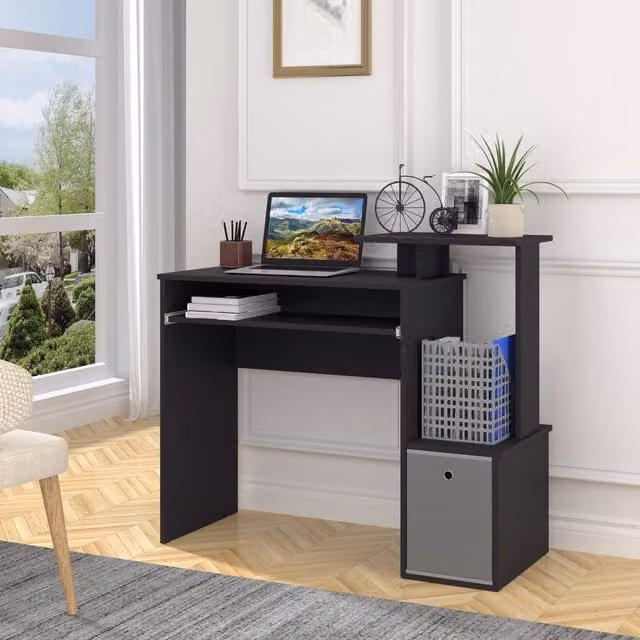 HOMCOM Modern Black Computer Desk with Sliding Keyboard Tray and Shelf