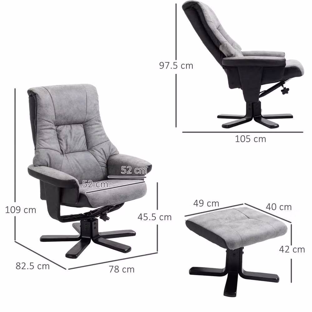 EONLION Grey Microfibre Recliner Armchair and Ottoman Set with Vintage Wood Base – 2