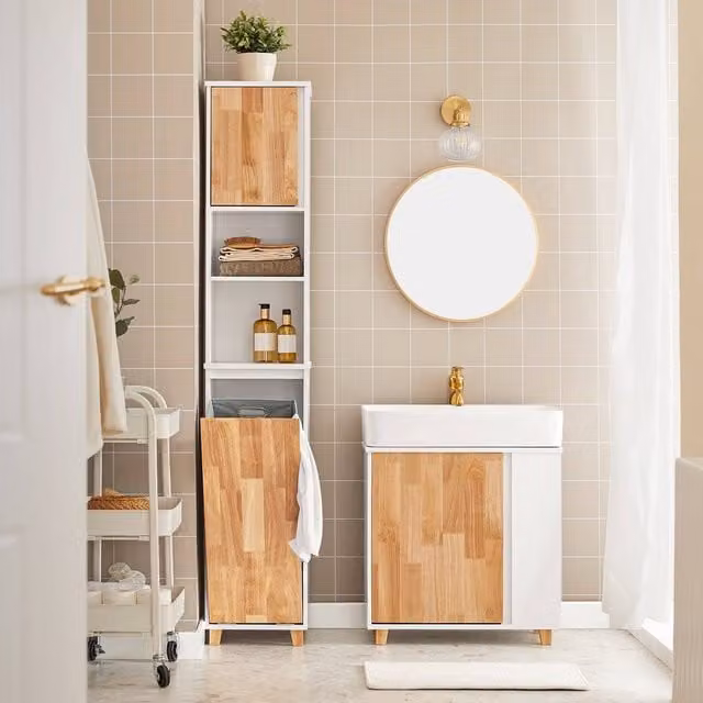 SoBuy Slim Tall Bathroom Cabinet with Fold-Down Laundry Hamper in White and Grey