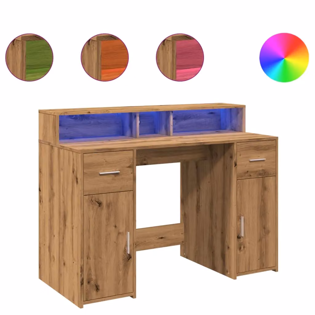 Berkfield Modern Gaming Desk with LED Lights in Artisan Oak Brown, W/D/H: 120 x 55 x 91 cm – 2